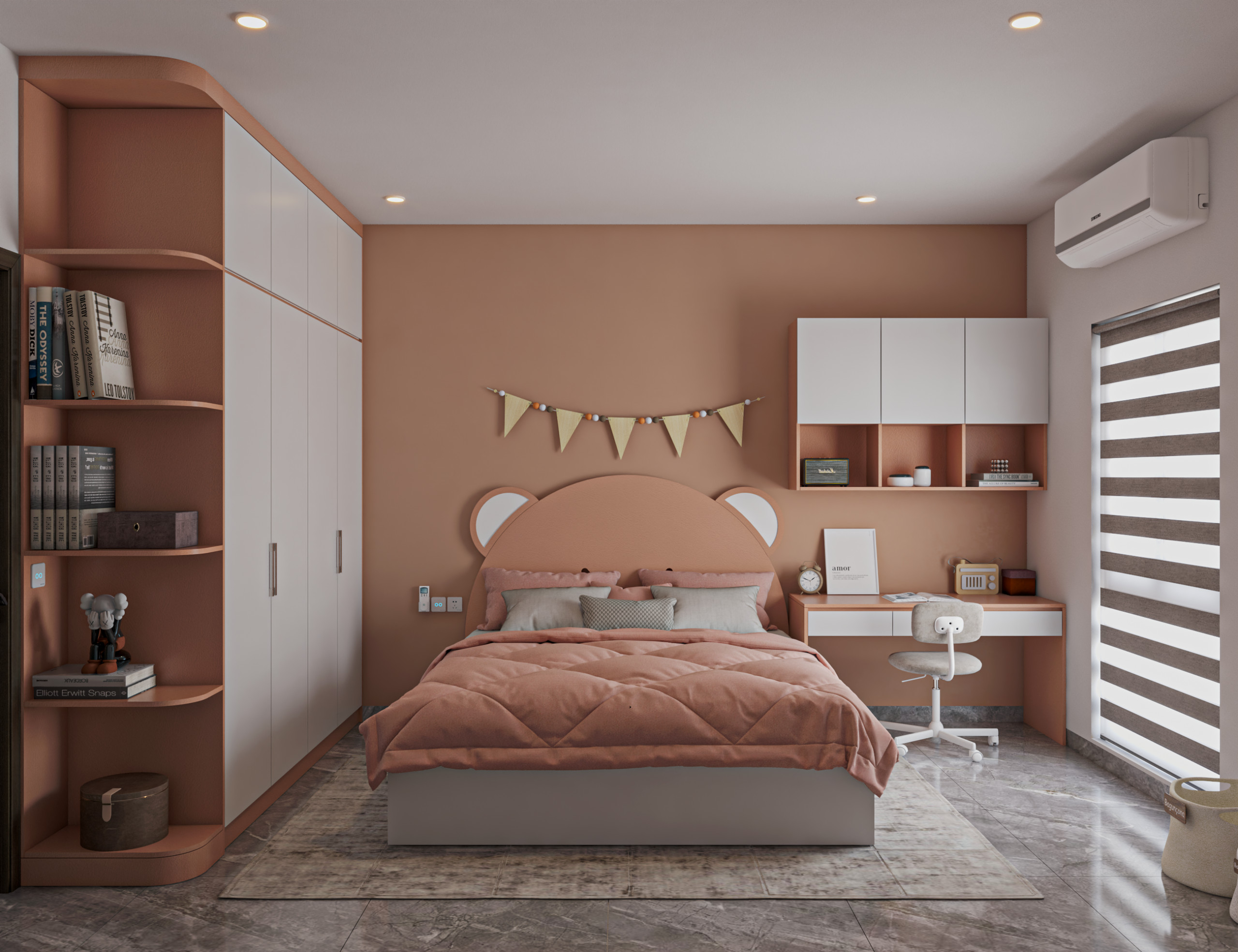 Phòng ngủ bé gái màu hồng cam